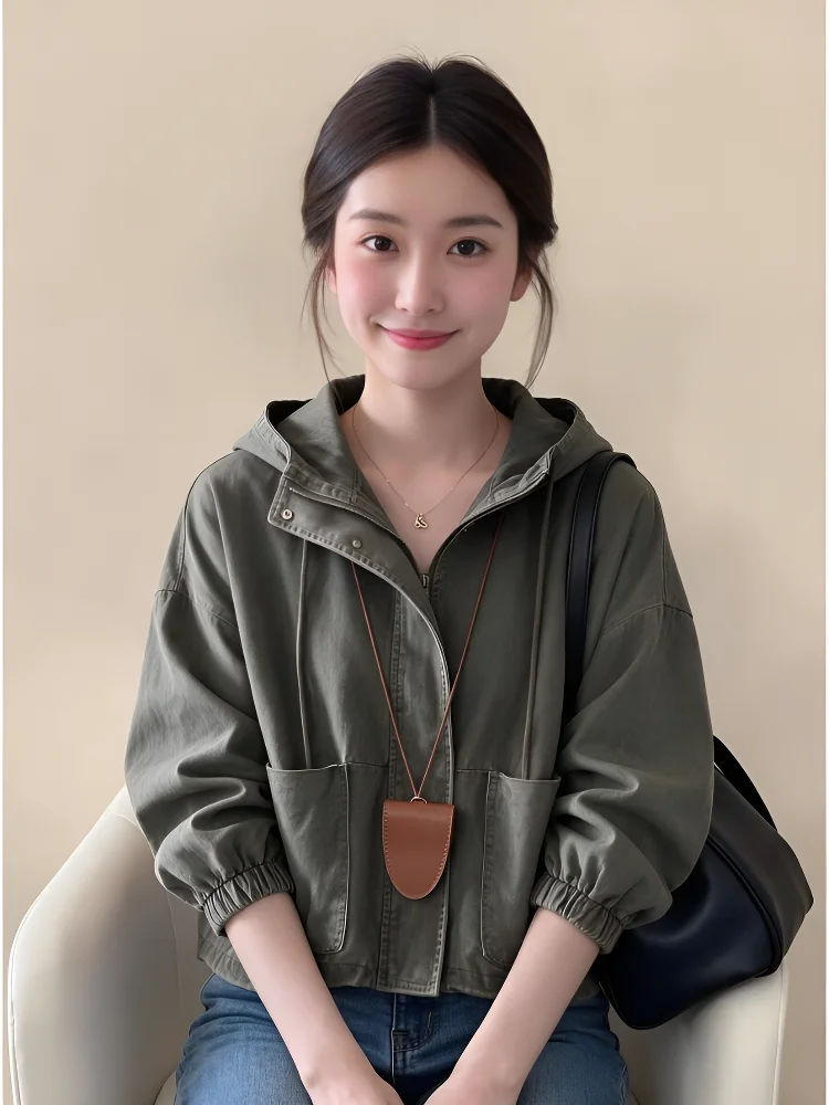 Retro Washed Loose Women's Jacket with Hood Spring New Arrival Cotton Zipper Decorated Commute Style Warm Short Outerwear