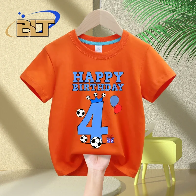 Camiseta de cumpleaños para niños de 4 años, tops casuales de manga corta de algodón para fanáticos del fútbol, Verano