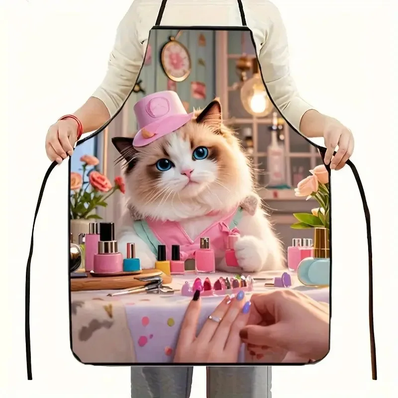 

1 шт. фартук для дизайна ногтей с милым сиамским котом и розовым дизайном шляпы, прочный волокнистый фартук, подходит для маникюрных салонов, магазинов домашних животных