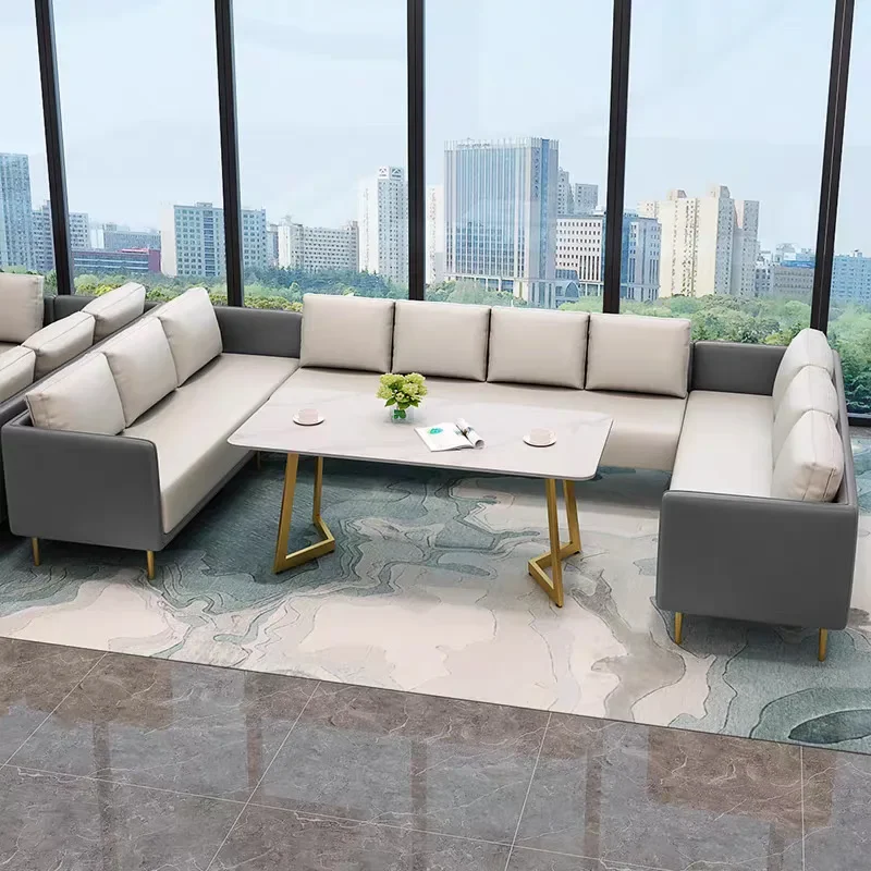 Office rest area with leather booth sofa, beauty salon leisure meeting guests to negotiate reception table and chair combination