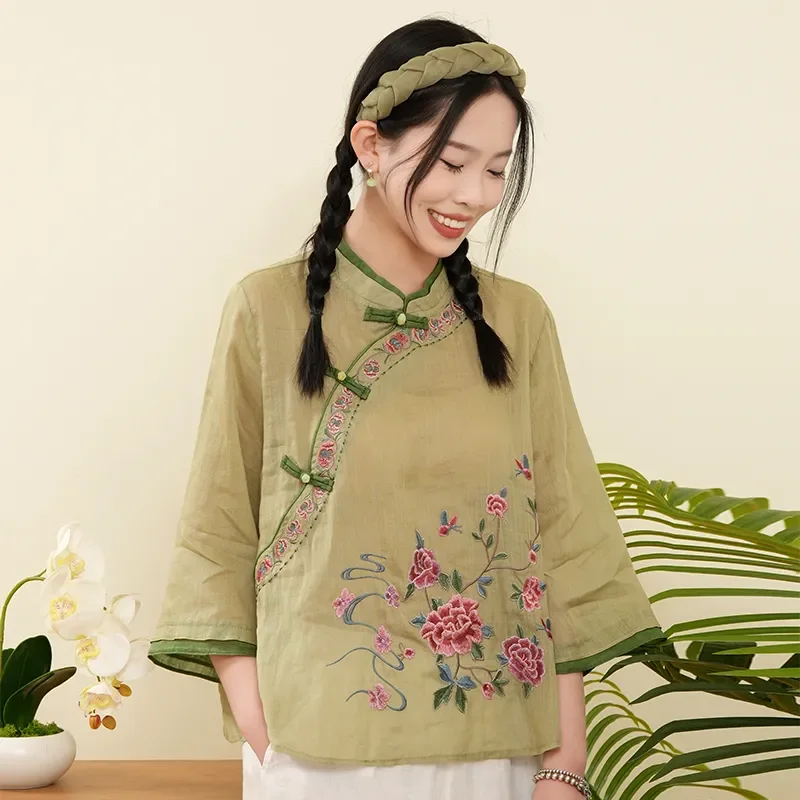 Women's Olive Green Cheongsam Style Blouse with Floral Embroidery Mandarin Collar 3/4 Sleeve Casual Top