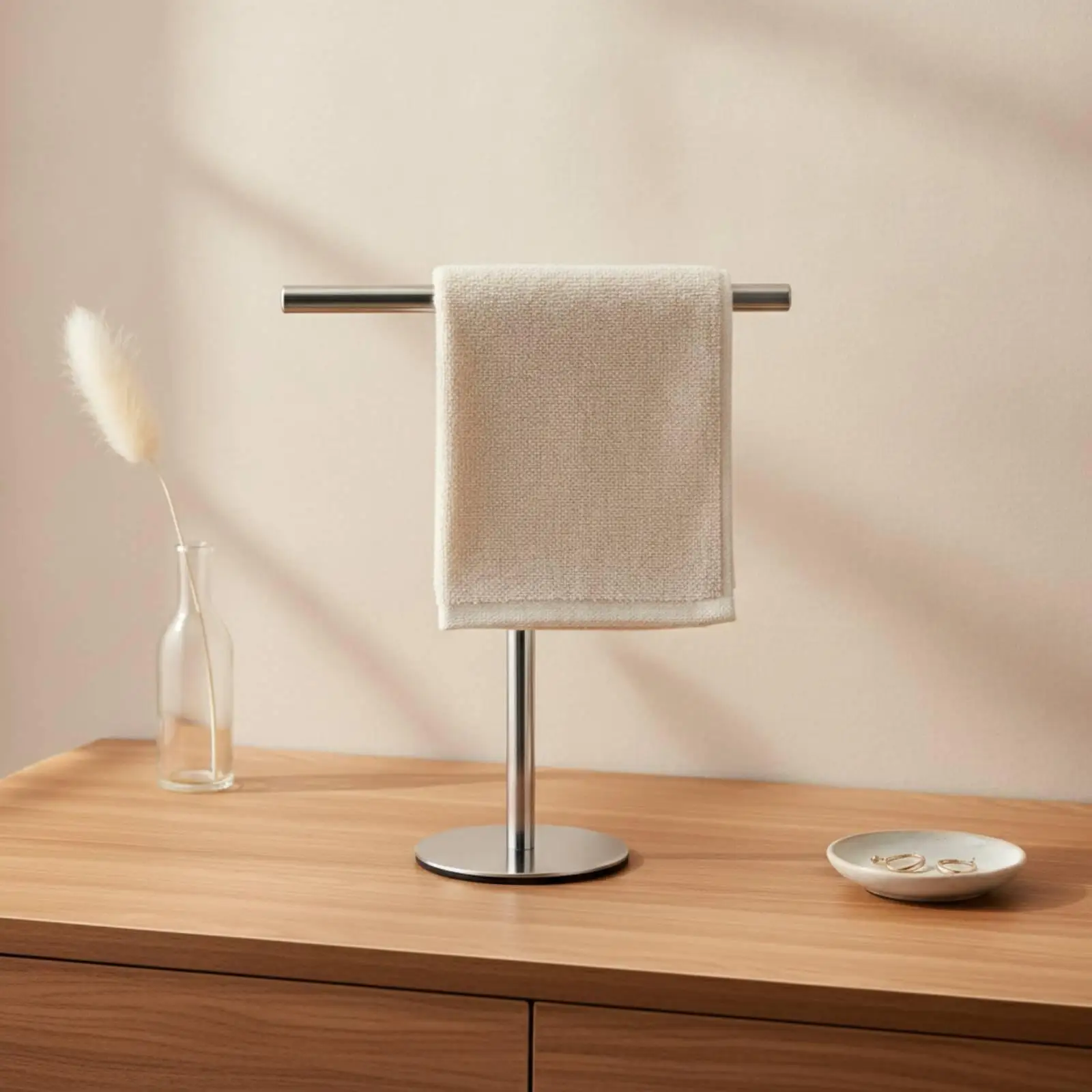 Horizontal Bar Stand Display Stand Freestanding Tabletop Rack with Round Base Stainless Steel Tee-Shaped Stand for Washroom