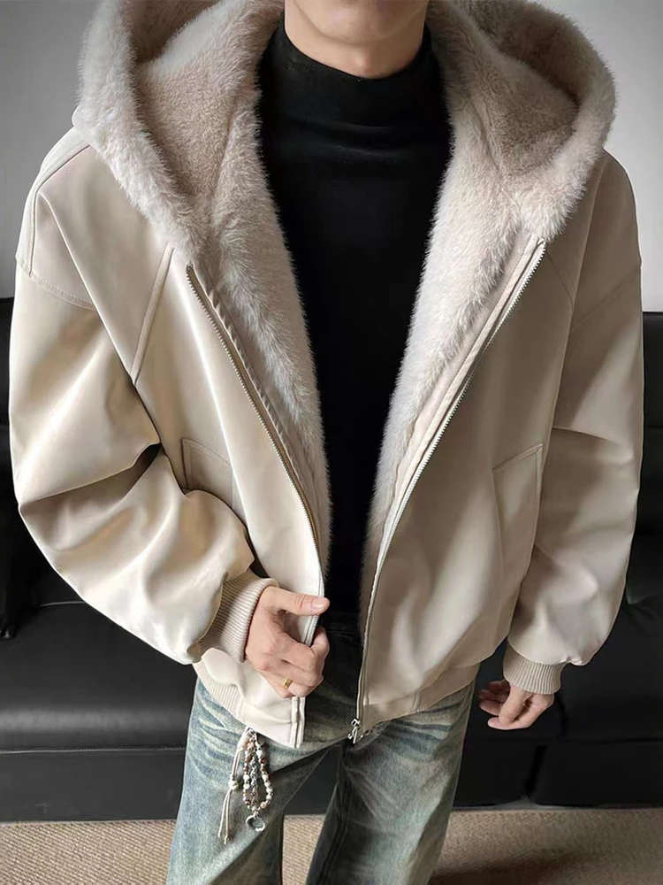 

American Sle Men's Thiened Fce Lined Hooded down Cotton Jaet PU Leather Coat Winter Warm Resistant Cold Trendy Brand