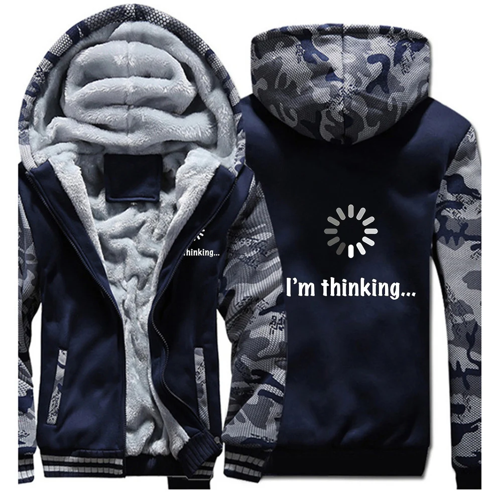 I‘m Thinking Funny Hoodie Men Solid Color Winter Warm Streetwear Minimalist Design Sportswear Zipper Hooded Sweatshirts Coat
