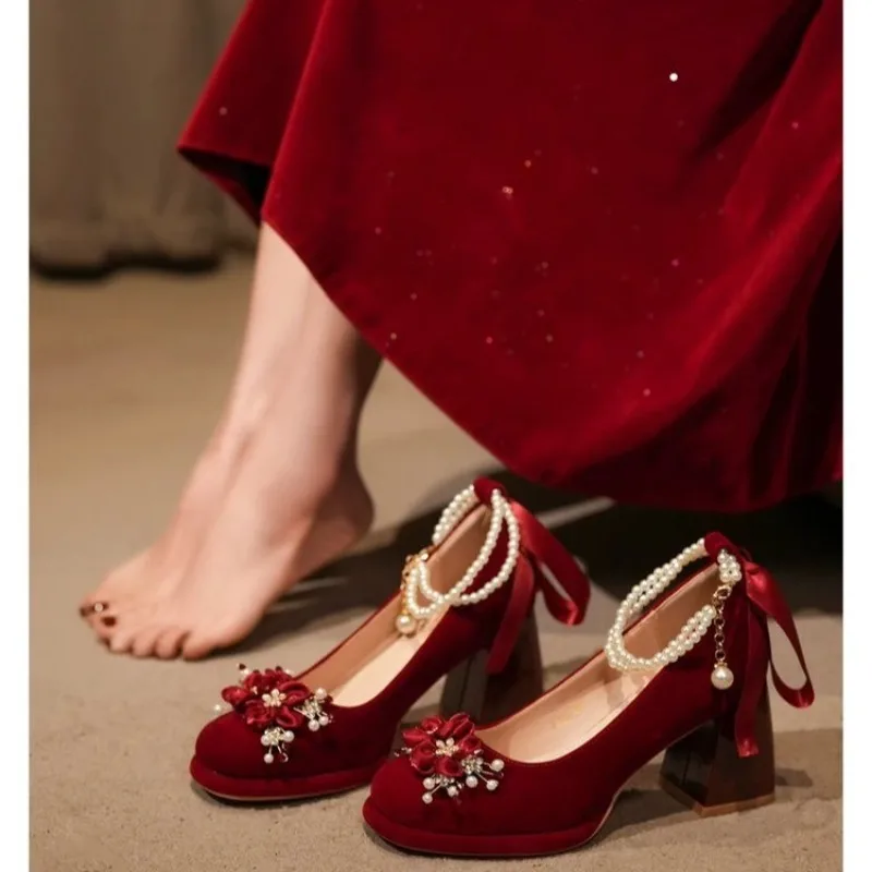 Red Wedding Shoes, Two-wear Wedding Dress, Mary Jane's Thick and High Heel Women's Shoes 2025 New Style