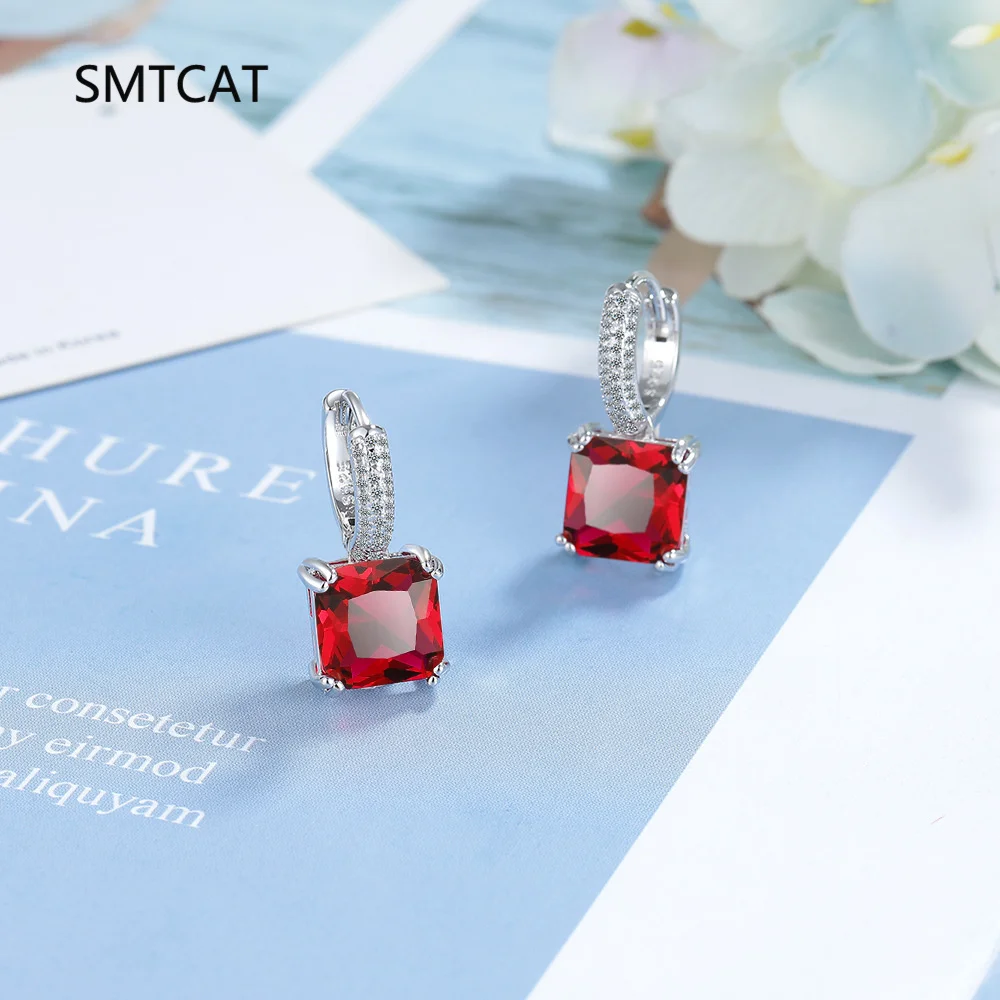 

Princess Cut Created Red Ruby Garnet 925 Sterling Silver Geometric Square Hoop Earring for Woman Gemstone Jewelry Wedding Gift