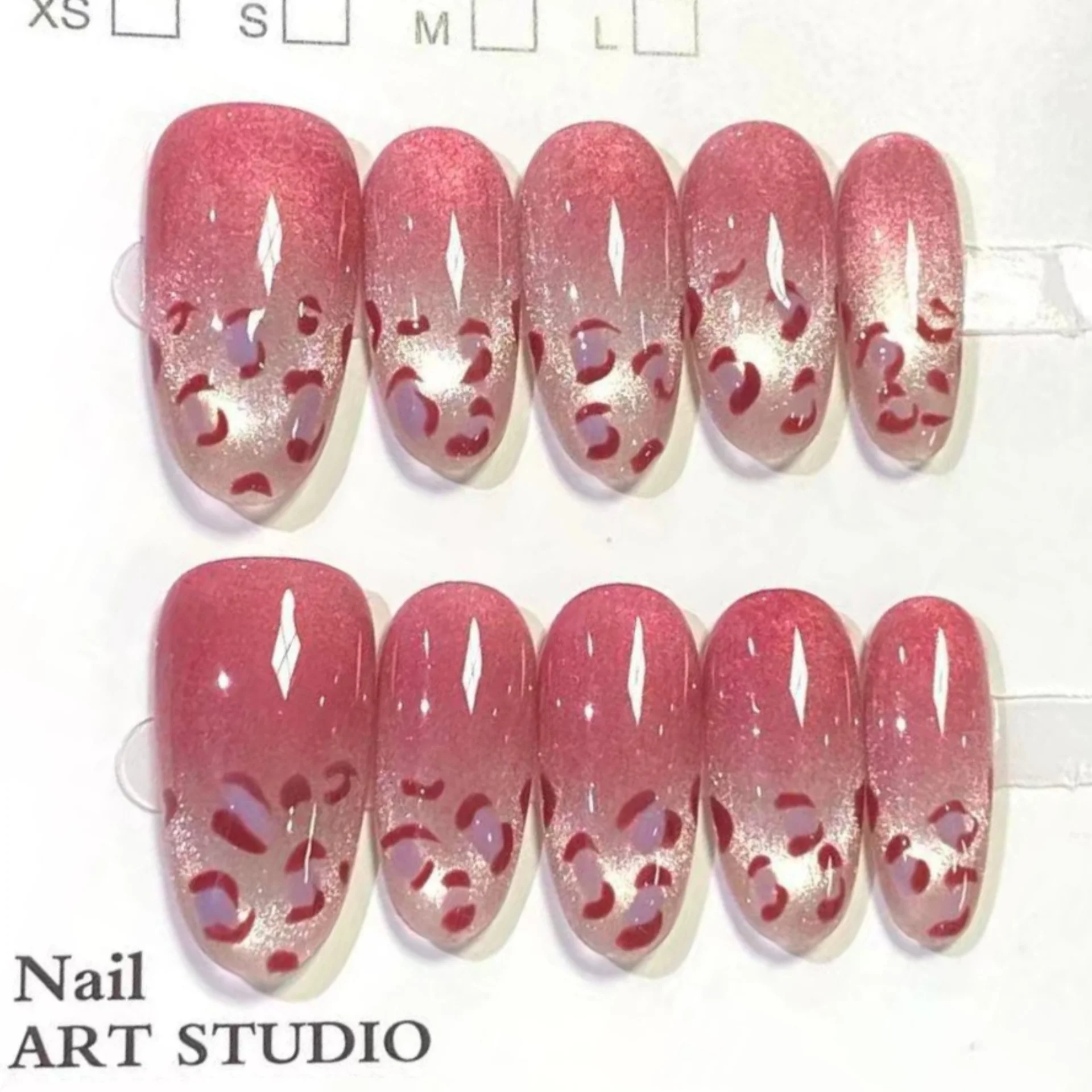 

10pcs Detachable Oval Handmade Fake Nails Art with Leopard Print Design Hot Girl False Nail Tips Gradient Pink Press on Nails