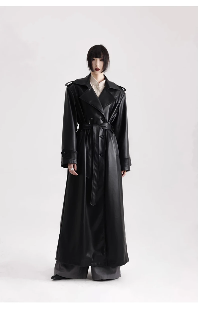 Lautaro Spring Autumn Extra Long Black Soft Pu Leather Trench Coat for Women Double Breasted Loose Casual Korean Fashion 2024
