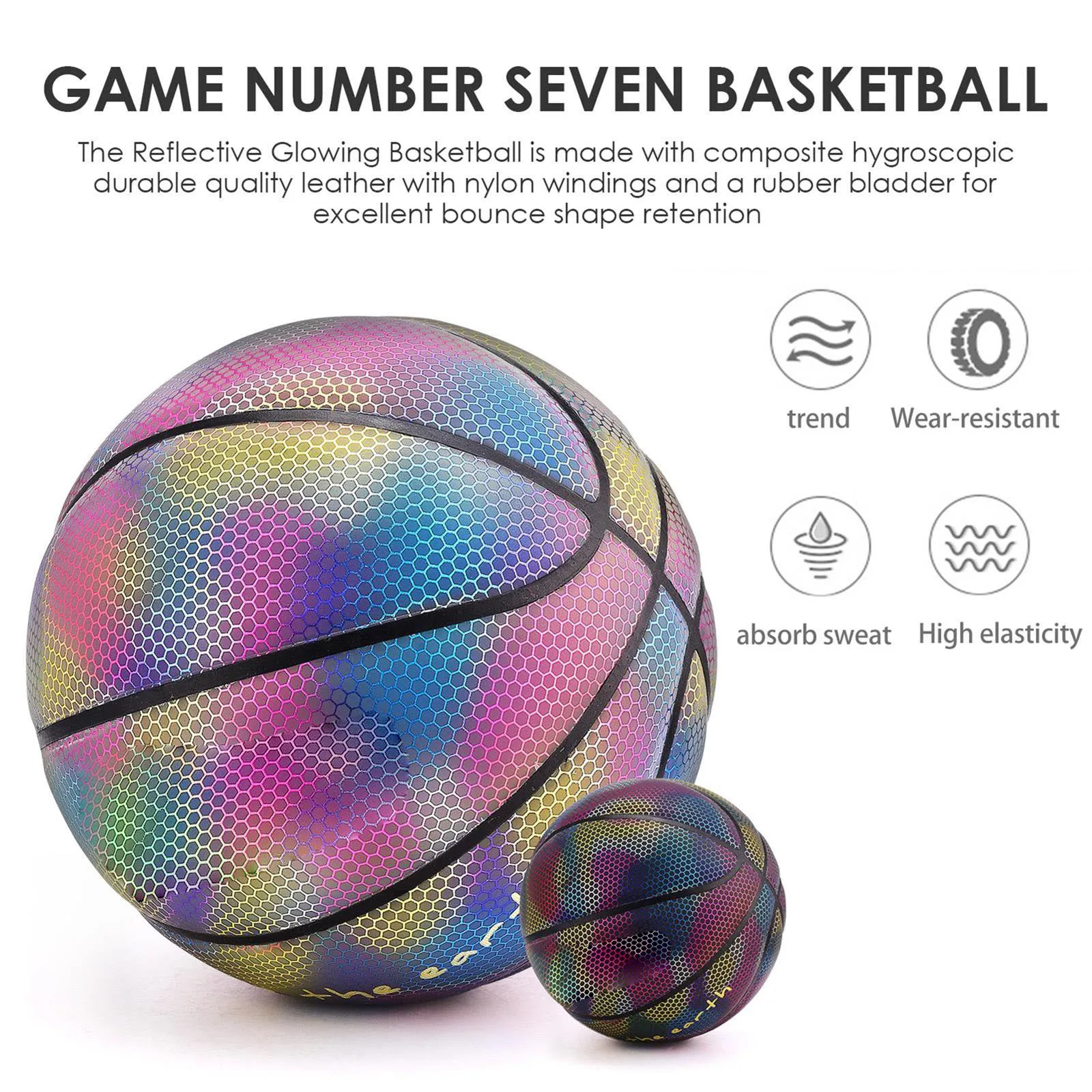 1pcs Colorful Reflective Basketball Ball Faux PU Leather Basketball Holographic Party Home Outdoor Decoration Kid Night Game