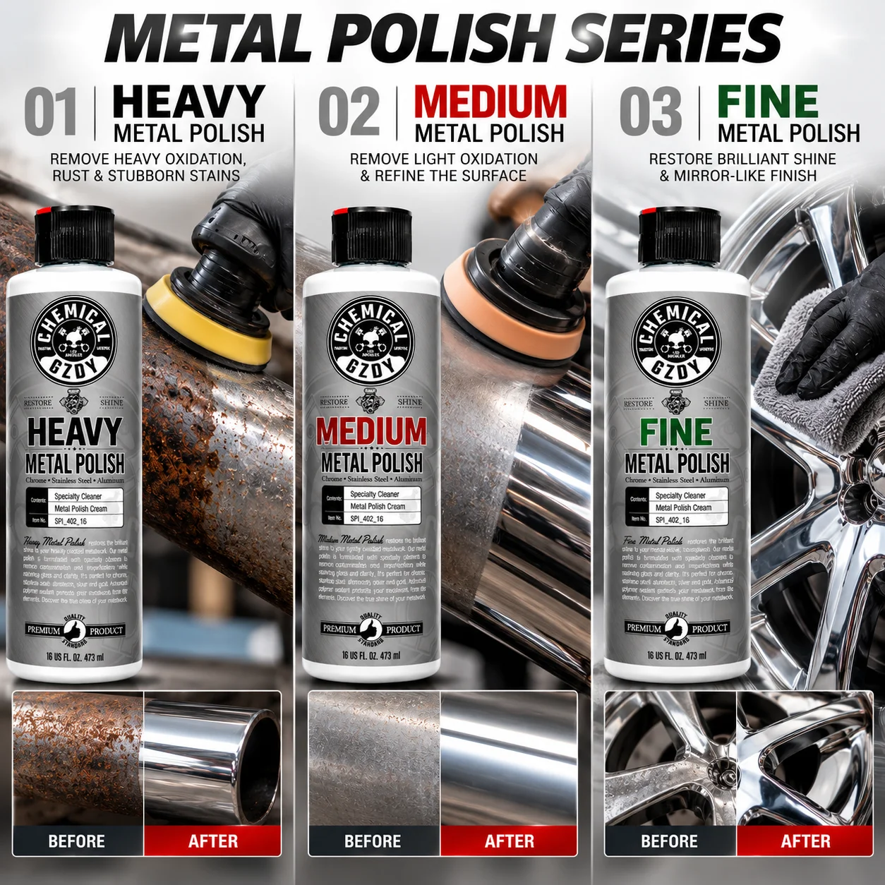 3PCS Metal Polish Kit Heavy Medium Fine for Chrome Stainless Aluminum Rust Oxidation Remover Restore Mirror Shine