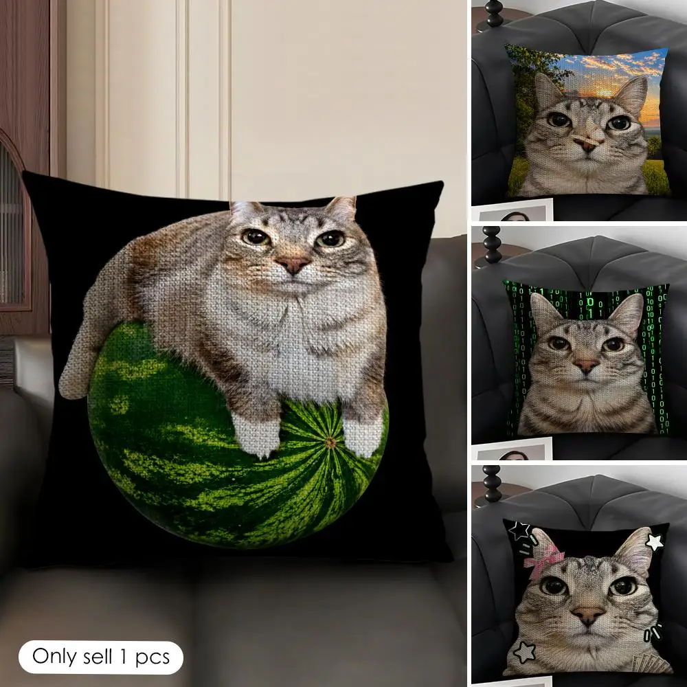 Funny Meme Cat Creative Collection Cushion Cover Natural Linen Organic Fabric Double-Sided Printing Breathable For Decor