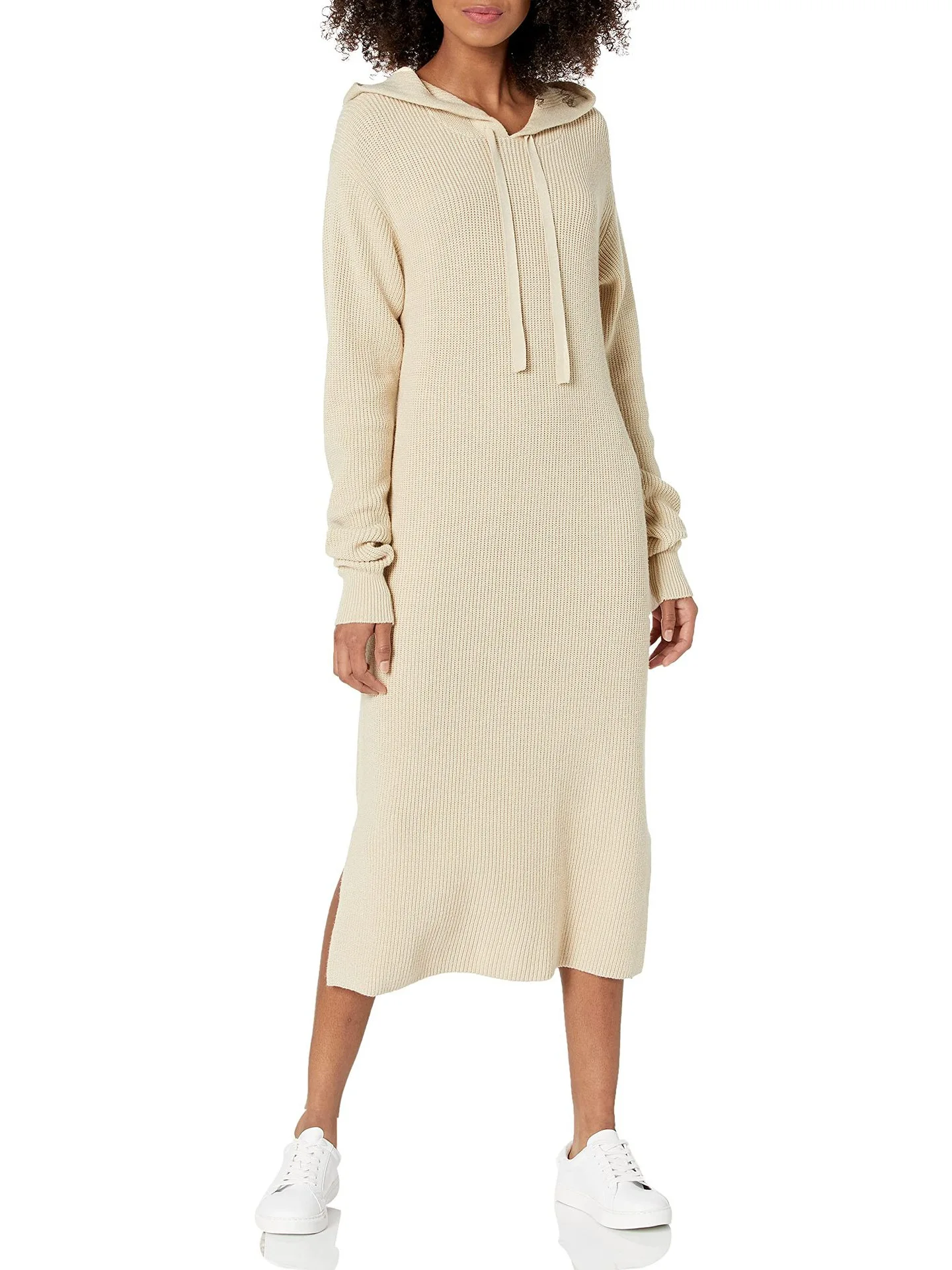 

Knee-Length Hooded Sweater Dress Simple Solid Color Loose Long Style Hooded Knitted Outerwear
