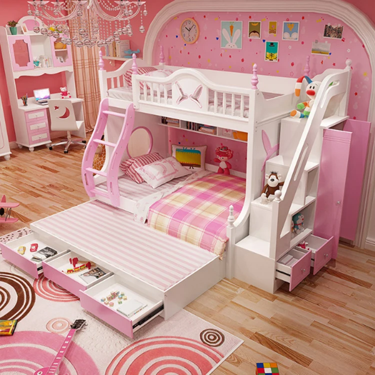 pink Children Furniture The quality of wood bunk bed for kids