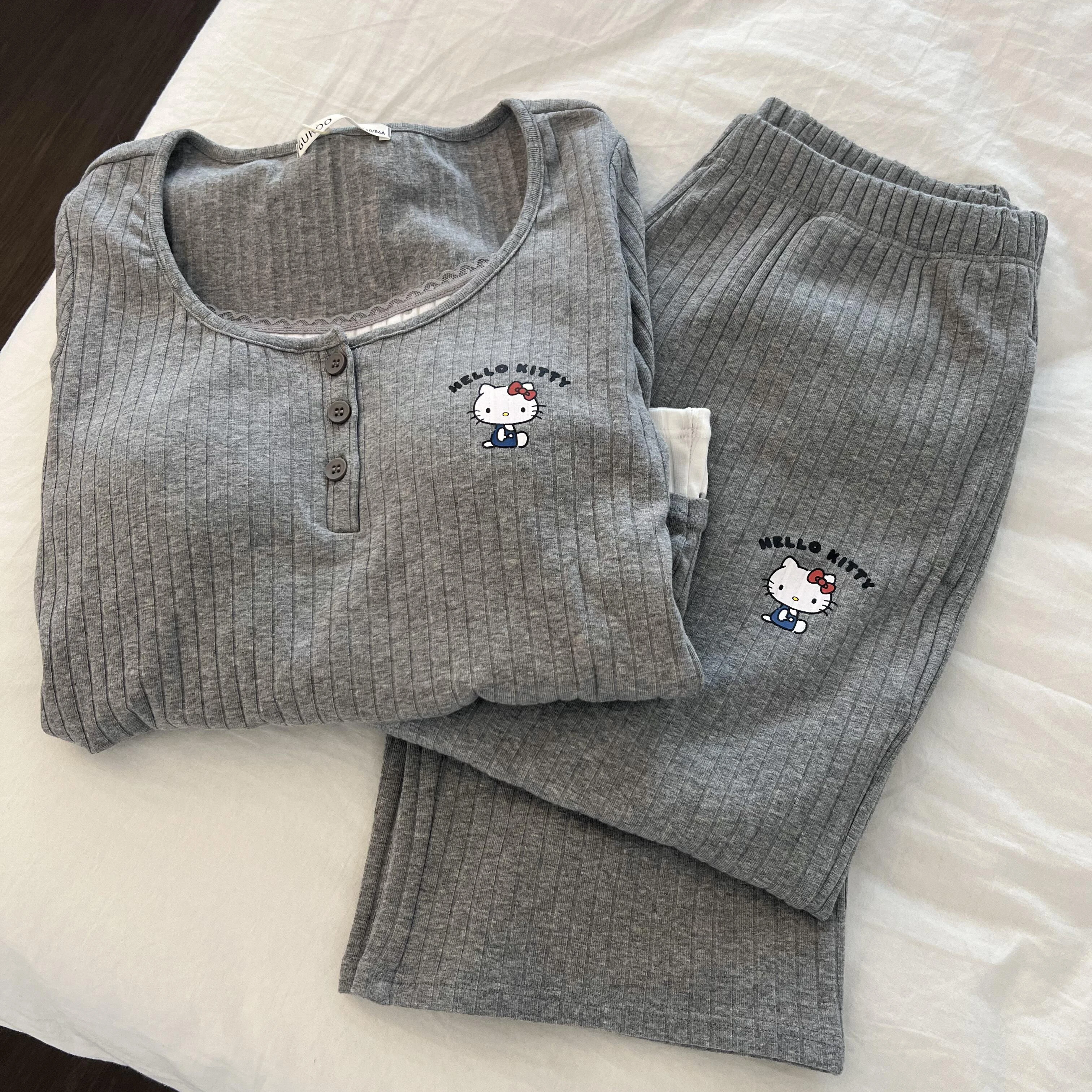 Kawaii مرحبا كيتي اللون الصدام كاذبة قطعتين وسادة الصدر حفرة المشارب طويلة الأكمام بيجامة الإناث ربيع الخريف Homewear دعوى #4