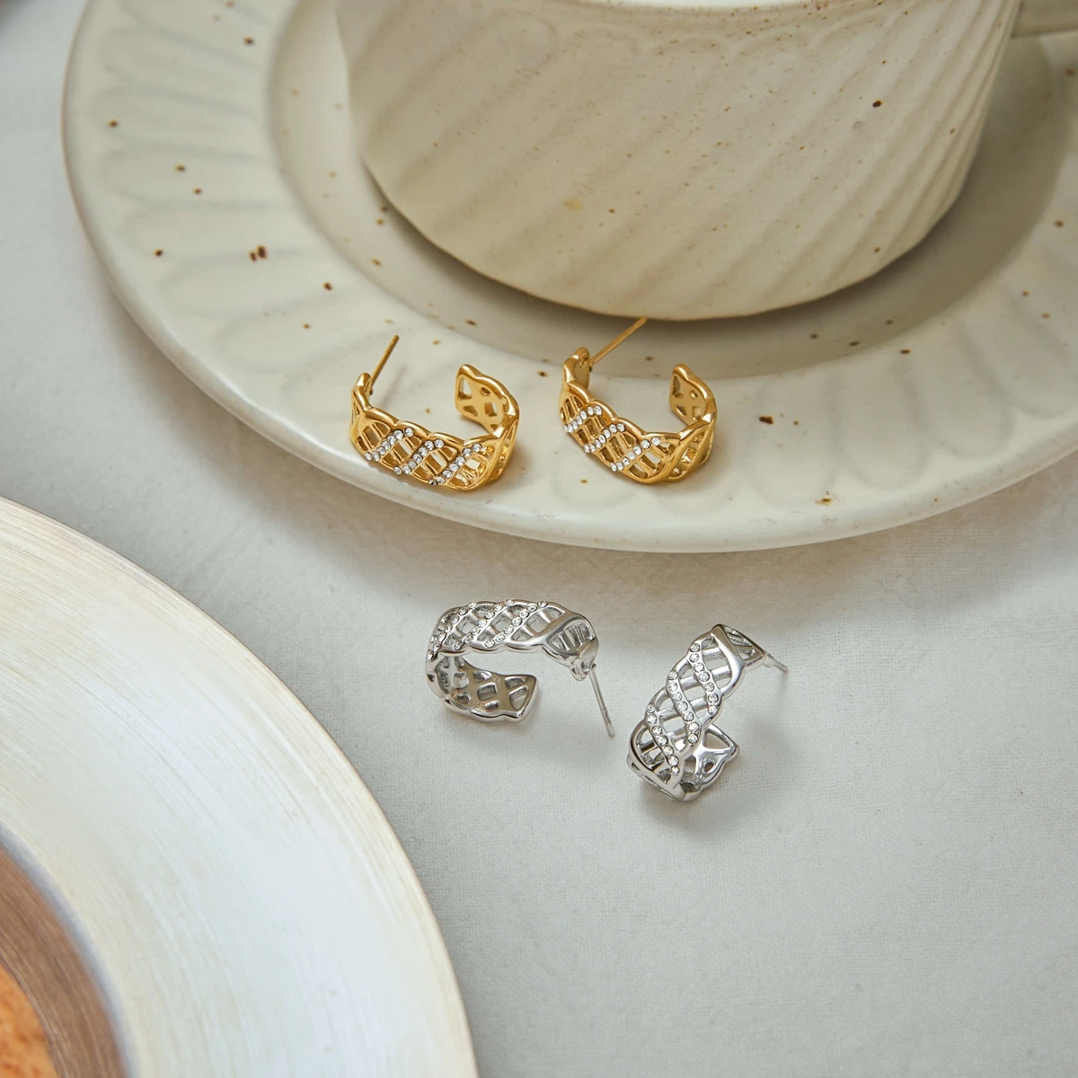 AIKOER Fashion White Zircon Mesh Lace Ear Studs 18K Gold Color Plated Stainless Steel Line Earrings Women's Jewelry