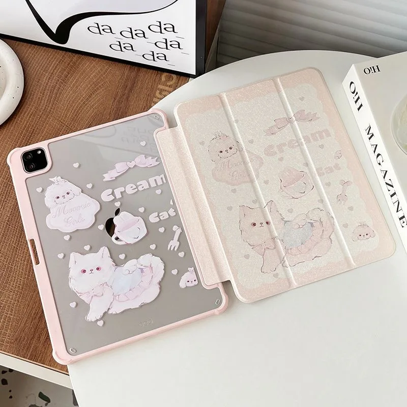 Korean Pink Cat Bow New Tablet Case For iPad Pro 11 12.9in 13 M4 9.7 10.2 5/6th 7/8/9 10 11th MINI 6 7 Air 5 6 7 Trifold Case