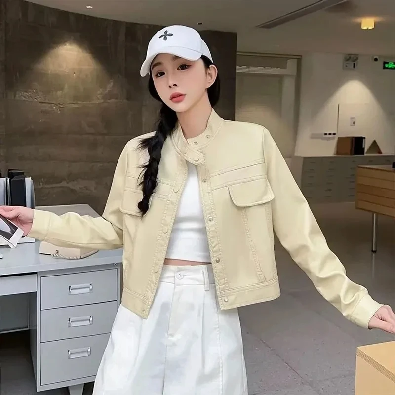Vintage Short PU Leather Jacket Women Spring Autumn Stand-up Collar Long Sleeve Outerwear Casual Loose Motorcycle Leather Coat
