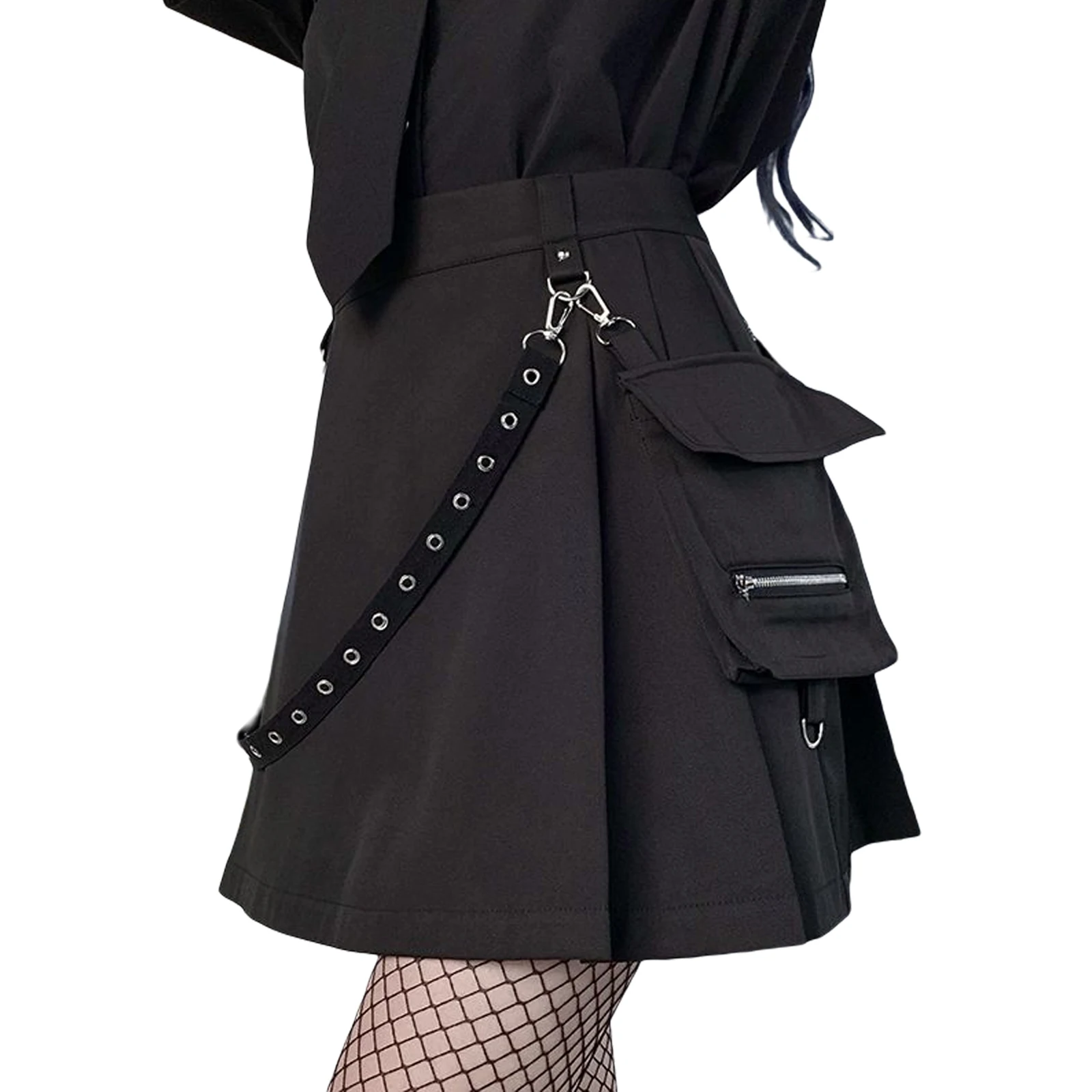 

Women Gothic Punk Mini Skirts Solid Color Cool Girls High Waist Black Half Dress with Belt Pocket Decoration