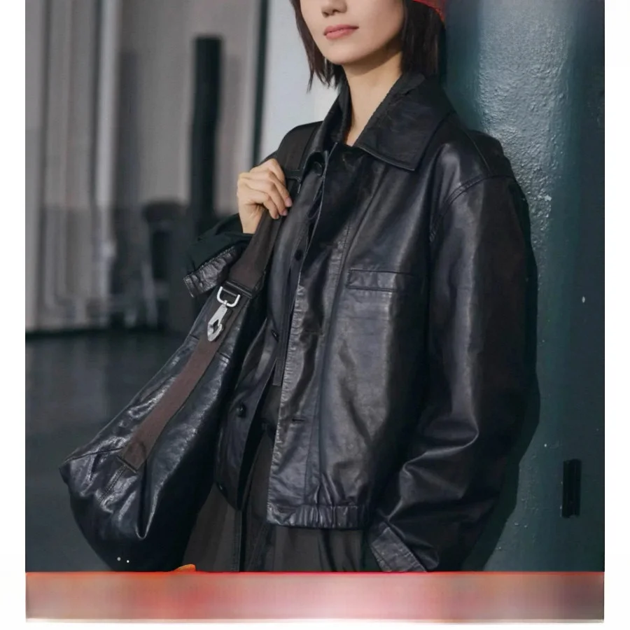 Cooles Leder Jaet Damen Eepskin Long Sve Ort Loose Fit Schlankheitsoberbekleidung Sli Commute Sle Tanned Leather