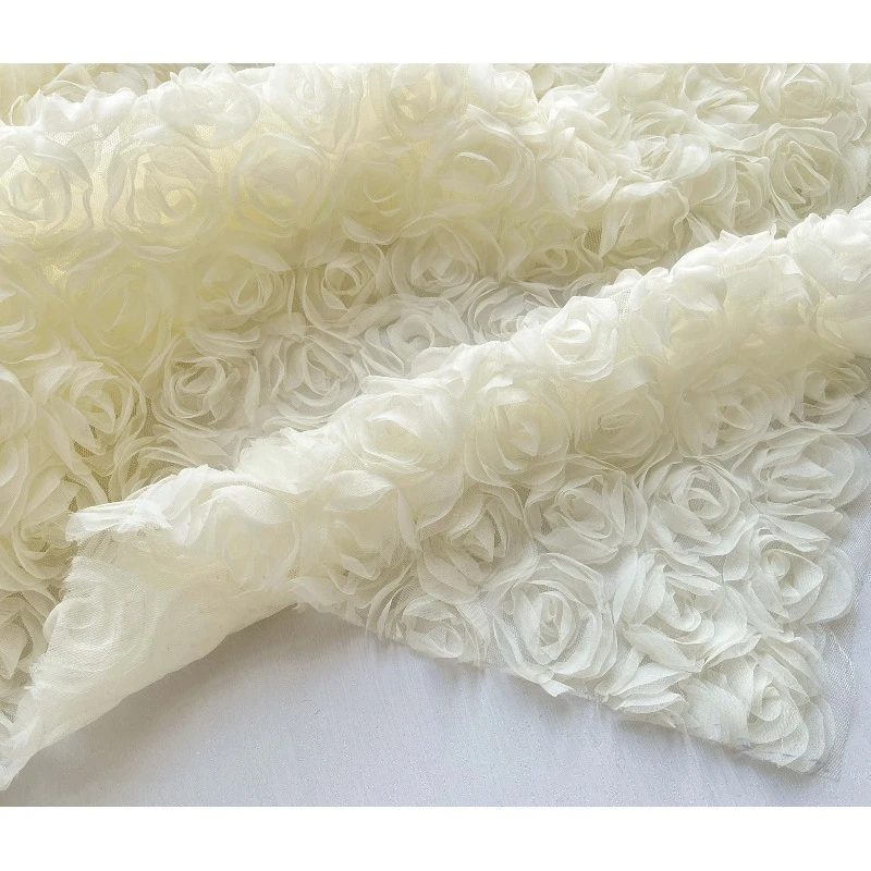 

White Organza Rose Embroidery Mesh Fabric for Creative Wedding Gift Fashion Clothing Fabrics Diy Sewing Material Per Meter Cloth