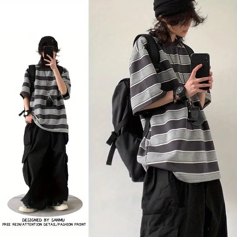 Oversized Striped Short-Sleeve T-Shirt Burgundy White Turquoise Crew Neck Casual Unisex Loose Fit Soft Cotton Top