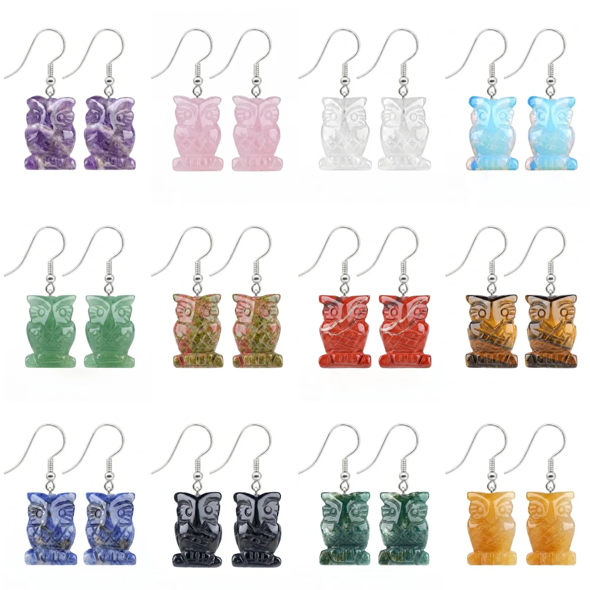 25MM Hand Carved Natural Crystal Owl Dangle Earrings Healing Gemstone Animal Drop Earrings Fashion Jewelry for Women Men