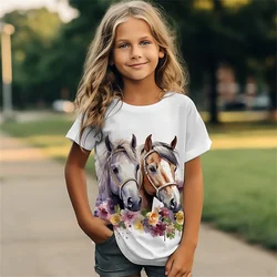 2025 t camisa para meninas dos desenhos animados animal cavalo menina t camisas crianças presente camiseta de manga curta casual topo roupas infantis