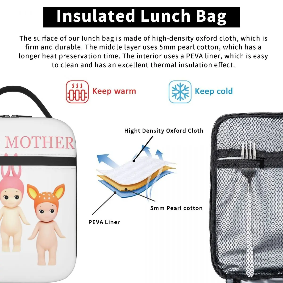 Kawaii Sonny Angel Proud Mother Thermal Insulated Lunch Bag for Office Funny Cartoon Portable Food Container Bags Lunch Box