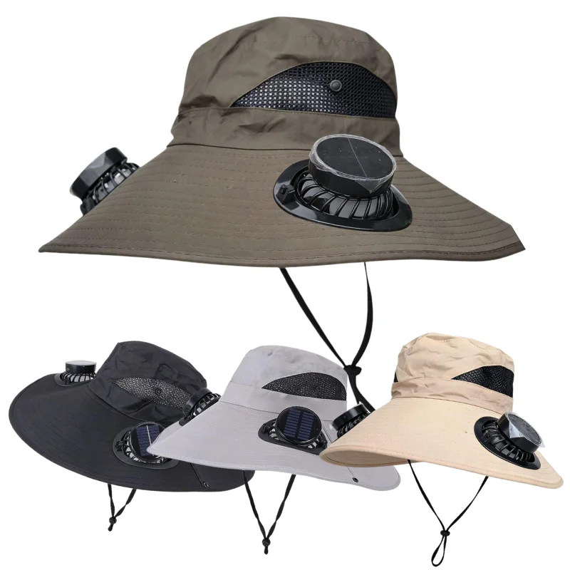 Outdoor Cooling Fan Bucket Hat Large Brim UV Protection Two Built In Fans Breathable Fishing Gardening Sun Hat With Strap