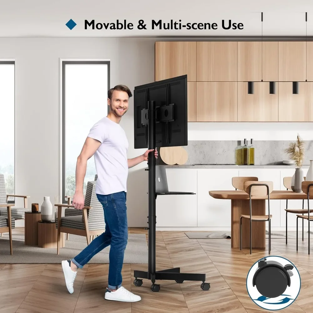 Supporto TV mobile universale per TV da 23-60 pollici, altezza regolabile con ruote di bloccaggio e ripiano multimediale, può contenere fino a 88 libbre