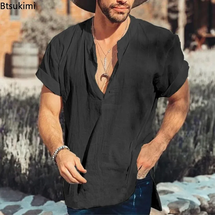 Camicie di lino in cotone semplice tinta unita estiva da uomo nuove Tendenza colletto alla coreana Pullover casual allentato Top Camicette per le vacanze quotidiane da uomo