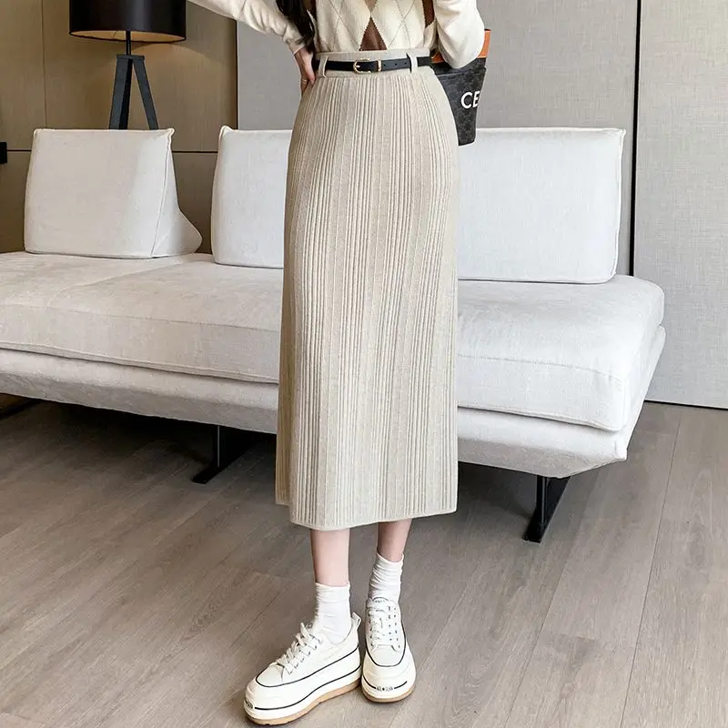 Pit Knit Autumn and Winter Style Waist Cinching Slimming Mid To Long High Waisted Straight Tube Skirt