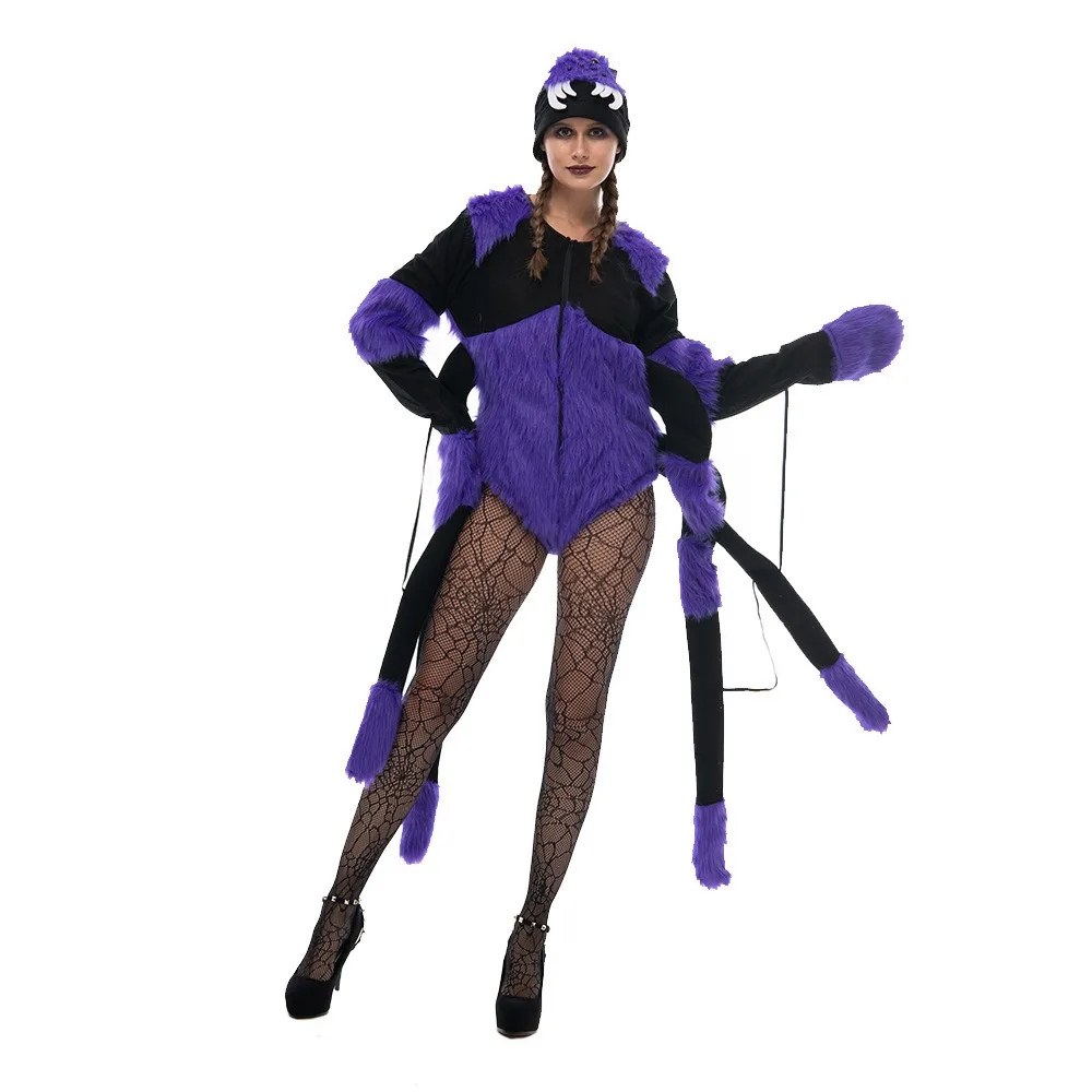 Halloween Lila Knotenfüßiger Spinnen-Insekten-Horror-Kostüm Flauschiger Tier-Reißverschluss-Bodysuit für Bar-Party, Bühnenauftritt, Cosplay-Requisite – Detail 3