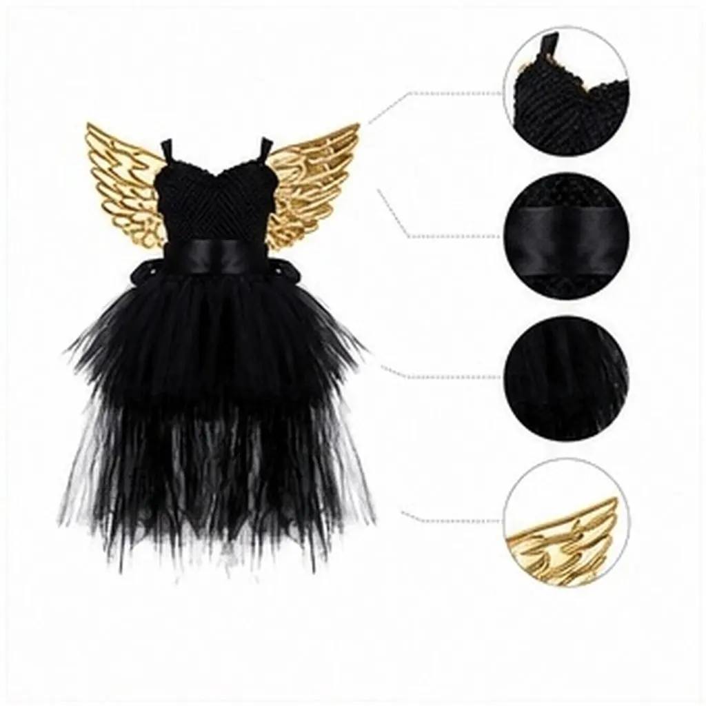 1Set Girls Wing and Dress Set Golden Fairy Tutu Dress Multi-Layer Mesh Sleeveless Halloween Costume for Toddlers Party Wear