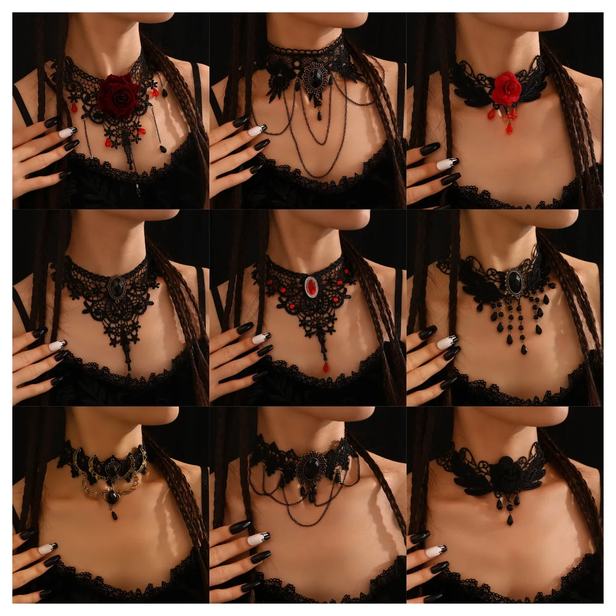 Gothic Punk Black Lace Necklace Women Boho Big Pearl Tassel Sexy Lace Roseflower Choker Steampunk Wedding Party Jewelry Gifts