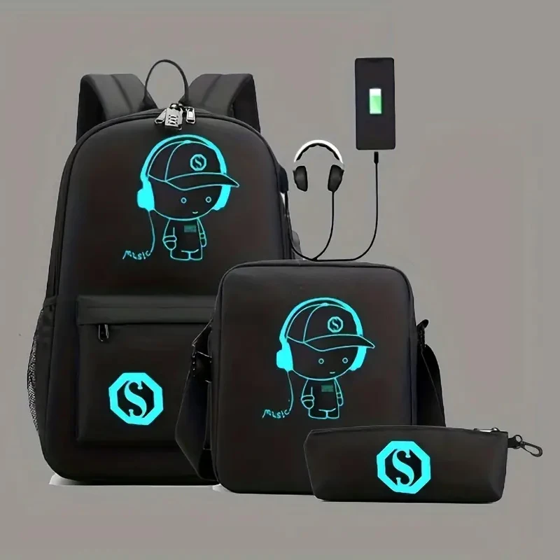 3-częściowy zestaw wodoodporny plecak o pojemności ze świecącym wzorem Multi Music BoysTravel Bag z ładowaniem USB Teens Laptop Mochilas