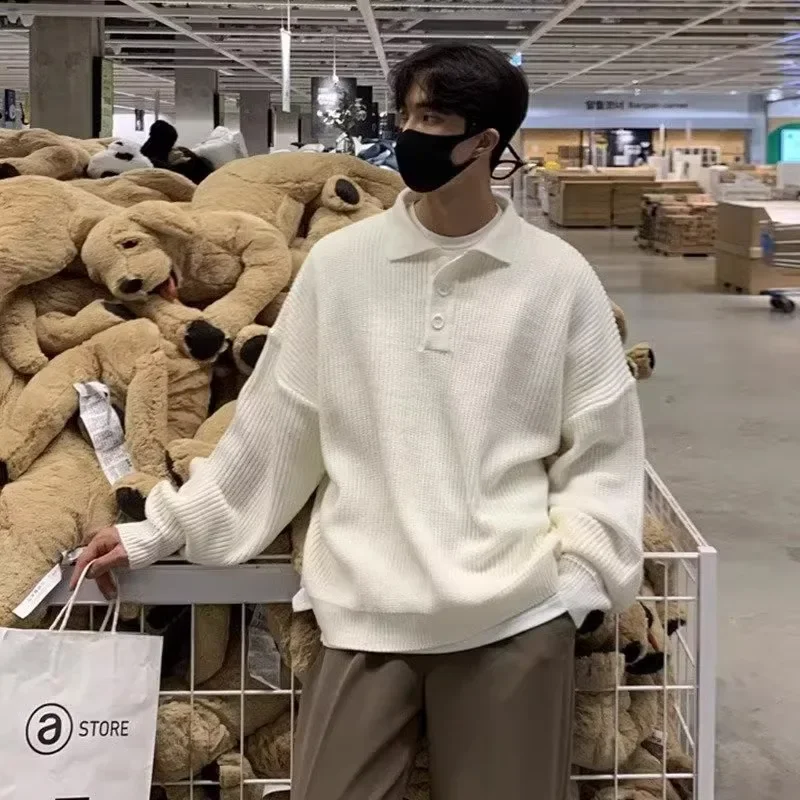 Jerséis de punto para hombre, Color puro, holgados, a la moda, holgados, para otoño e invierno, jerséis que combinan con todo, ropa de calle informal Harajuku Ins