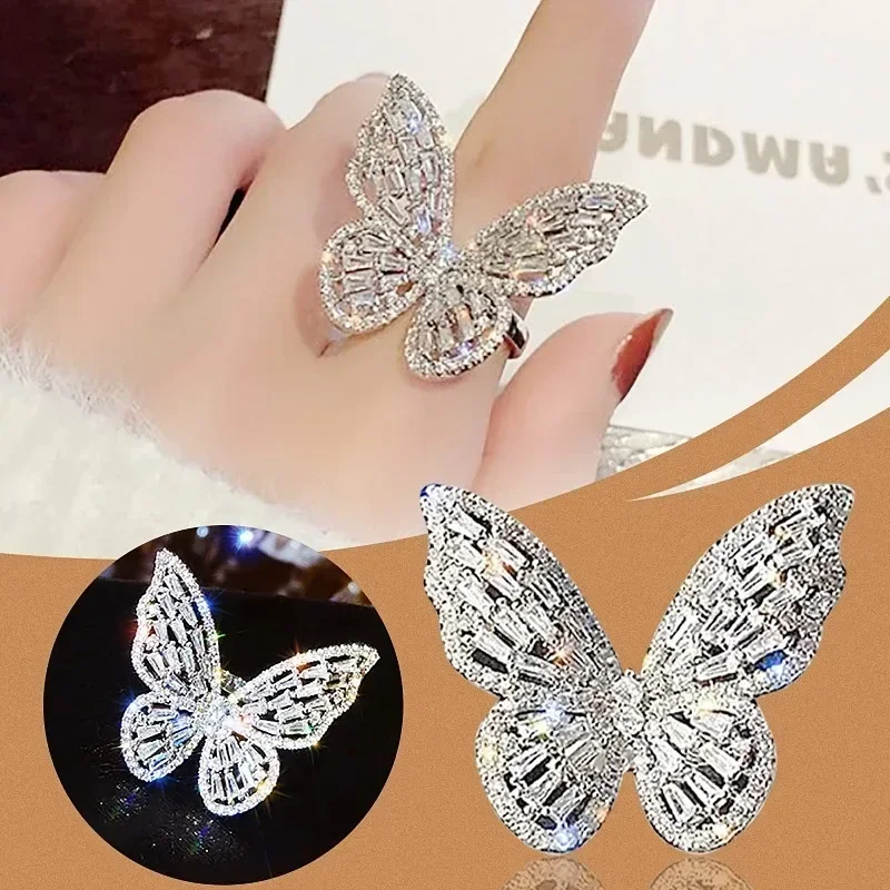 Trendy Hollowed Out Sparkling Butterfly Adjustable Women's Ring Fashion Exaggerated Party Index Ring Personalized Jewelry