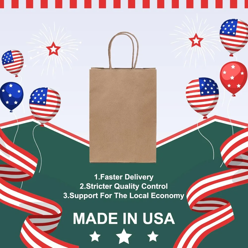 Kraft Paper Gift Bags 5.25x3.75x8 50Pcs, Brown Gift Wrap Bags with Handles, Bulk Party Favor Bags for Birthday Shopping, Made in USA