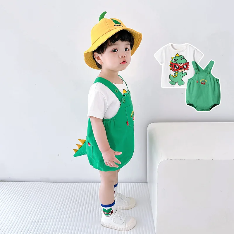 Summer New 0-3 Year Baby Clothes Infant Toddler Baby Overall Pants T-shirt Cartoon Dinosaur Korean Short Fashion Set Stereotail