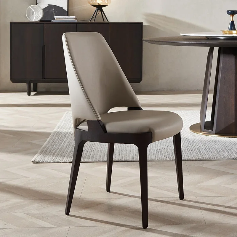 High-end nappa leather chair light luxury restaurant home chair modern simple ash wood smoke color solid wood dining chair
