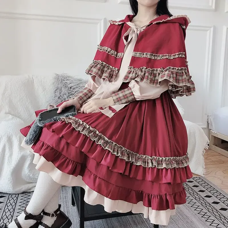 Japanese Lolita Two Pieces Set Women Plaid Patchwork Y2k Aesthetic Sweet Dress + Crop Hooded Bandage Cloak Jacket Outfits Suit