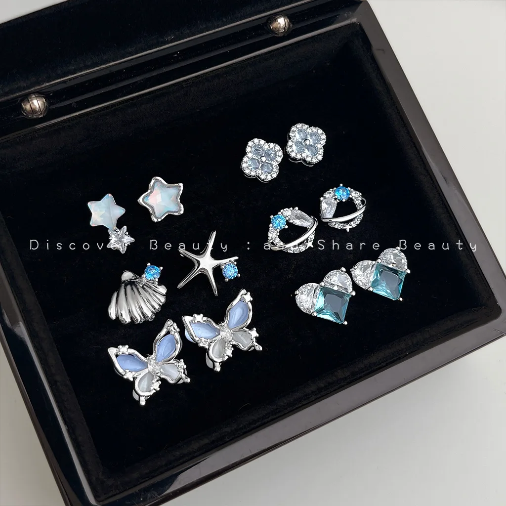 Ocean Series 925 Silver Needle Blue Zircon Shell Starfish Asymmetry Stud Earrings For Women Party Fashion Jewelry Accessible