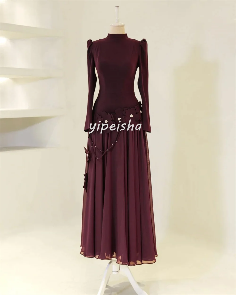 Customized Intricate Retro Jersey Rhinestone Handmade Flower Pleat Ruched A-line High Collar Long Dresses Evening Dresses Casual image 2