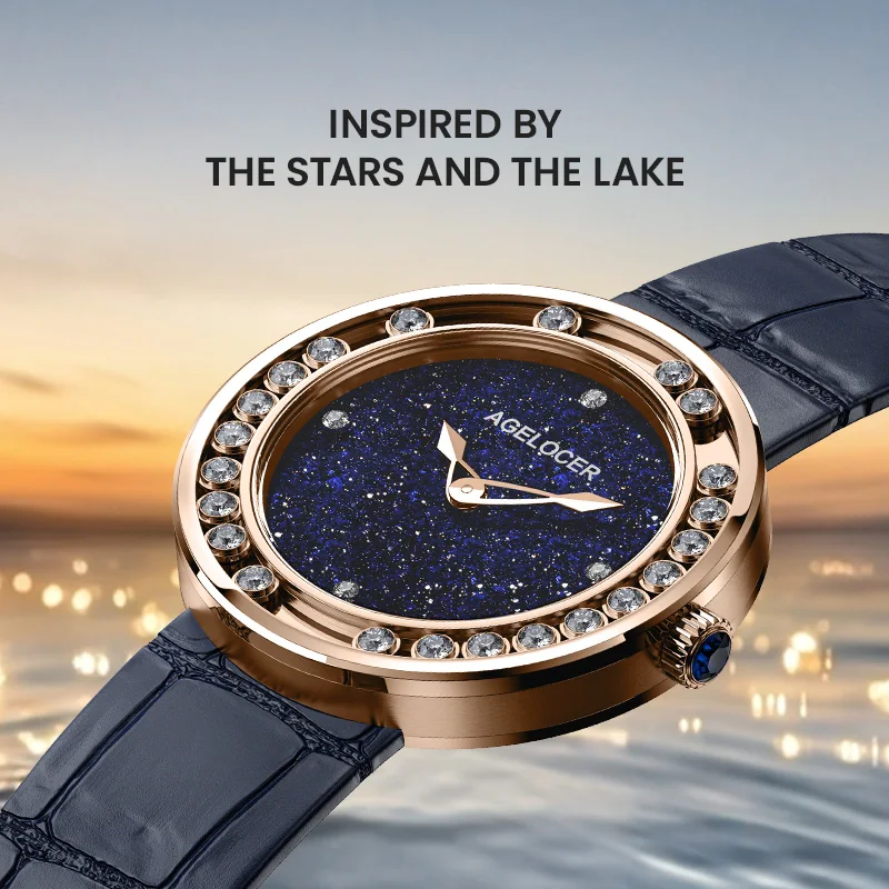 AGELOCER Original Baikal Watch Natural Blue Aventurine Dial Women's Quartz Luxury Diamond Watch Birthday Gift for Women