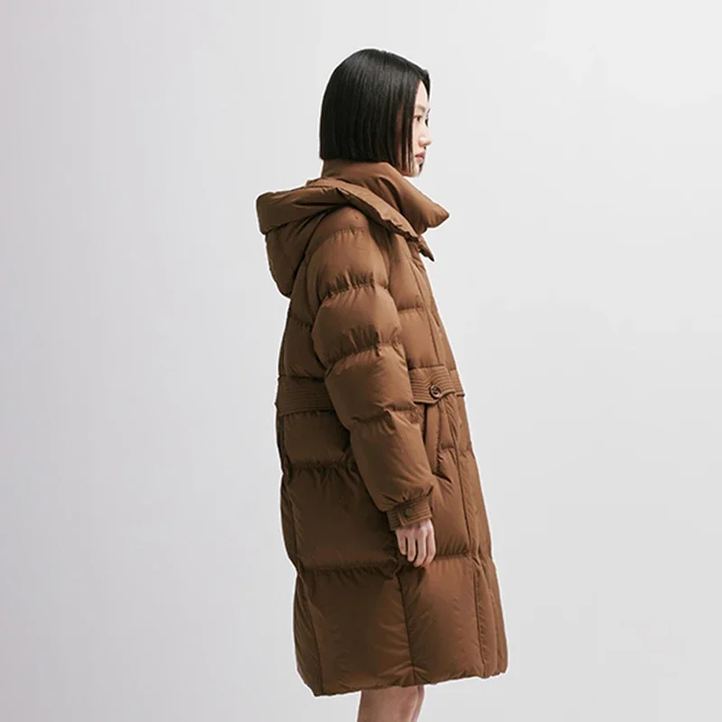 Chericom Women's Long Black Down Coat 90% Duck Down Filling With Detachable Hood Cinched Waist Design Warm Puffer Coats Y298092Y