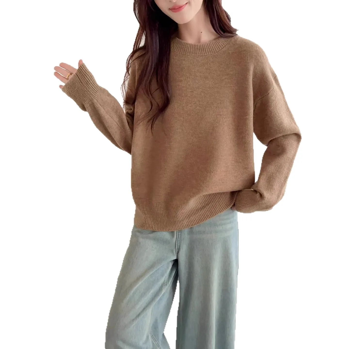 فضفاض جولة Ne البلوز سترة المرأة لون نقي محبوك أعلى مريحة بسيطة Sle عارضة Faion الخريف الشتاء ارتداء #5