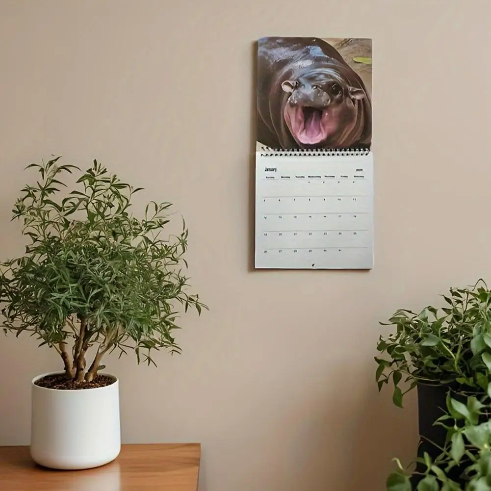 Moo Deng Calendar For 2025 | Creative Cartoon Hippopotamus Ornament, Cute Desktop Calendar Decoration |50 Page Copperplate Paper