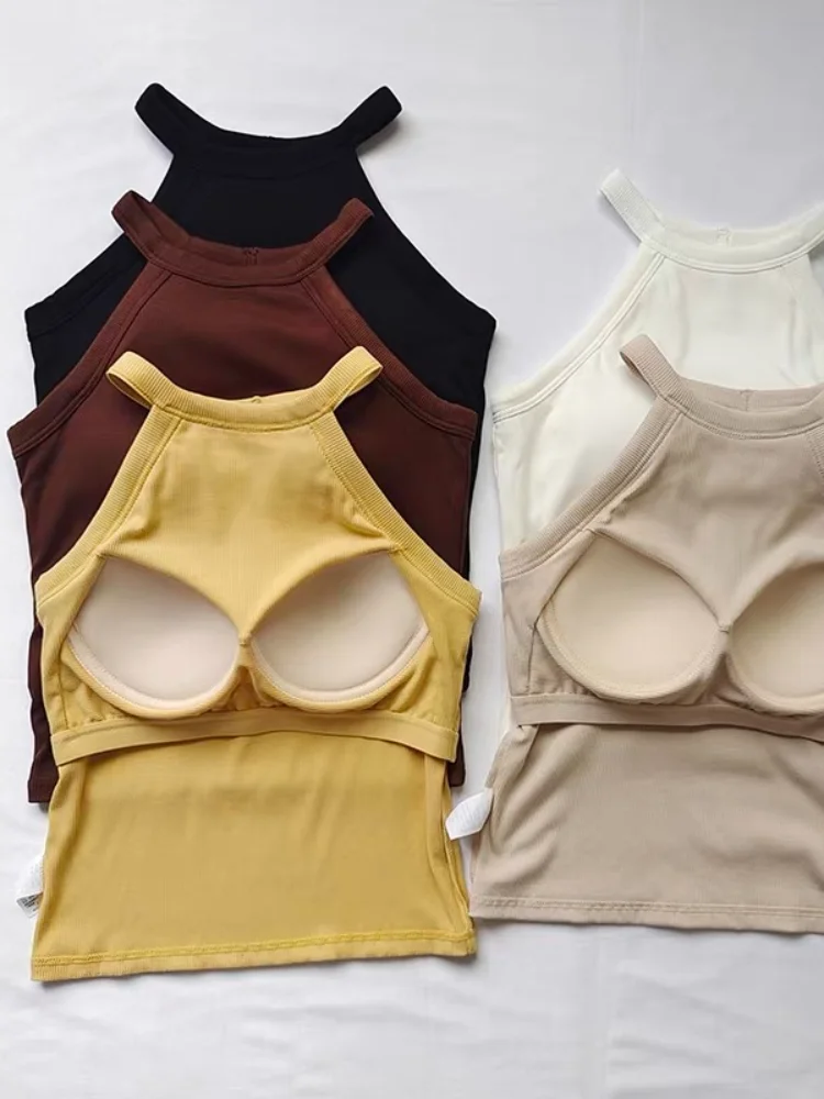 Women's 95 Cotton Halter Top Tank Top Integrated Design Summer Spring Outerwear with Chest Pad Beautiful Back Bra Base Shirt