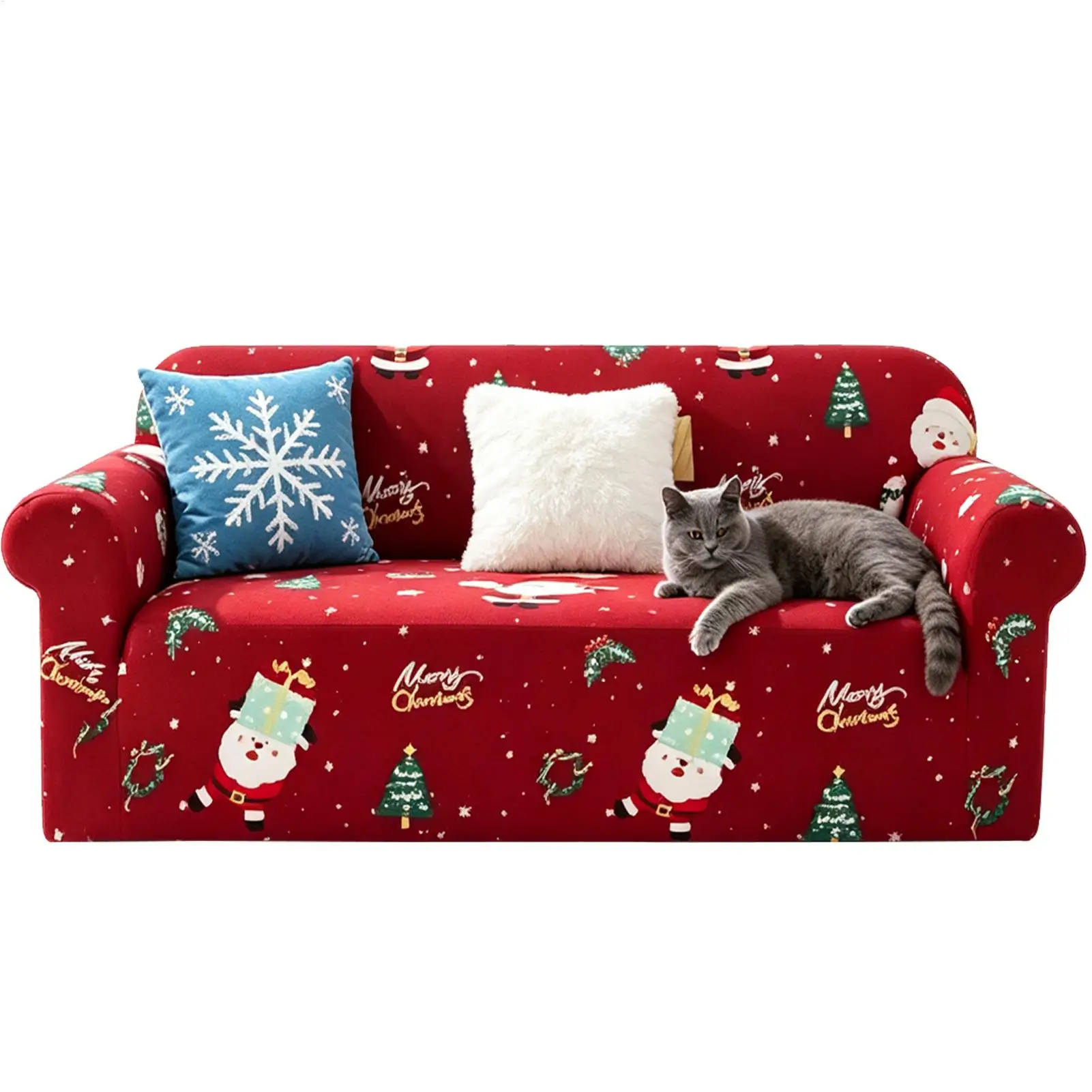 Christmas Sofa Slipcover Elastic Holiday Furniture Protector Santa Claus 3-4 Seater Sofa Slipcover For Holiday Party Gathering